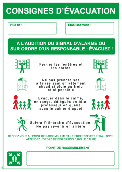 Consignes dévacuation école Format A4 PVC 1 mm Securplan